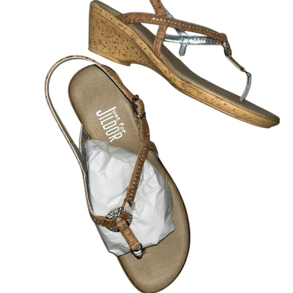 Jildor worn once tan rhinsetone bejeweled rubber cork-look sandal heels COMFY 9